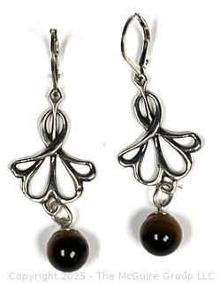 Sterling Silver Filigree Dangle Earrings with Tigers Eye Bead Finial. 