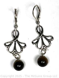 Sterling Silver Filigree Dangle Earrings with Tigers Eye Bead Finial. 