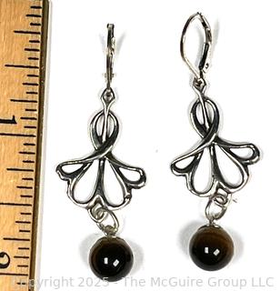 Sterling Silver Filigree Dangle Earrings with Tigers Eye Bead Finial. 
