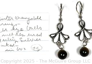 Sterling Silver Filigree Dangle Earrings with Tigers Eye Bead Finial. 