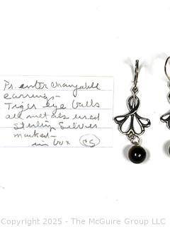 Sterling Silver Filigree Dangle Earrings with Tigers Eye Bead Finial. 