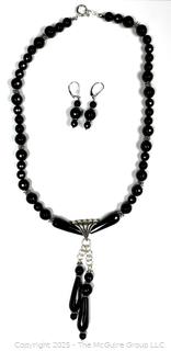 Onyx with Sterling Silver Double Drop Pendant Necklace with Earrings