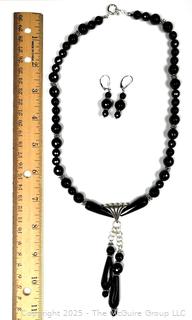 Onyx with Sterling Silver Double Drop Pendant Necklace with Earrings