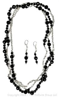 Opera Length Faceted Black Onyx Bead with Sterling Silver Chain Necklace and Earrings.  78" long