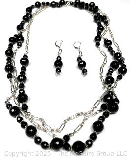 Opera Length Faceted Black Onyx Bead with Sterling Silver Chain Necklace and Earrings.  78" long