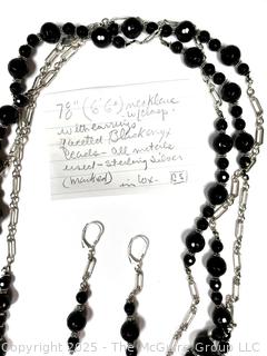 Opera Length Faceted Black Onyx Bead with Sterling Silver Chain Necklace and Earrings.  78" long