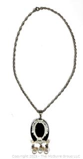 Mother of Pearl Flame Mounted on Black Onyx with Fresh Water Pearls Pendant on Sterling Silver Chain Necklace