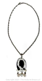 Mother of Pearl Flame Mounted on Black Onyx with Fresh Water Pearls Pendant on Sterling Silver Chain Necklace