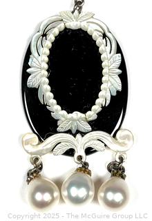 Mother of Pearl Flame Mounted on Black Onyx with Fresh Water Pearls Pendant on Sterling Silver Chain Necklace
