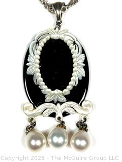 Mother of Pearl Flame Mounted on Black Onyx with Fresh Water Pearls Pendant on Sterling Silver Chain Necklace