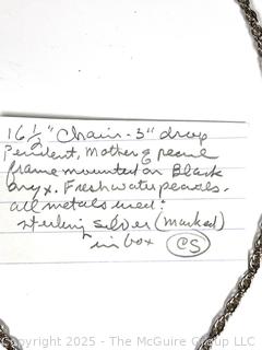Mother of Pearl Flame Mounted on Black Onyx with Fresh Water Pearls Pendant on Sterling Silver Chain Necklace