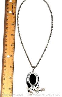 Mother of Pearl Flame Mounted on Black Onyx with Fresh Water Pearls Pendant on Sterling Silver Chain Necklace