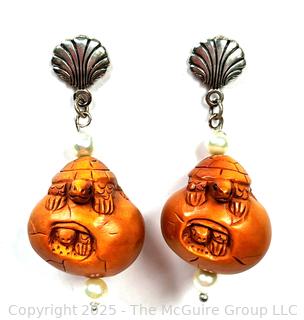 Japanese Carved Boxwood Turtle with Hatching Eggs Bead Dangle Earrings with Pearls, Signed by Artist. 