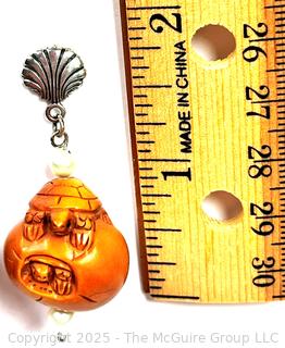 Japanese Carved Boxwood Turtle with Hatching Eggs Bead Dangle Earrings with Pearls, Signed by Artist. 