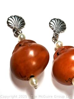 Japanese Carved Boxwood Turtle with Hatching Eggs Bead Dangle Earrings with Pearls, Signed by Artist. 