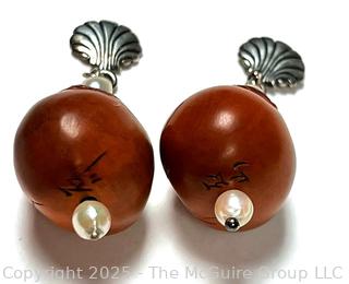 Japanese Carved Boxwood Turtle with Hatching Eggs Bead Dangle Earrings with Pearls, Signed by Artist. 