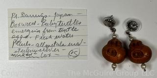 Japanese Carved Boxwood Turtle with Hatching Eggs Bead Dangle Earrings with Pearls, Signed by Artist. 