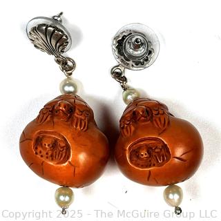 Japanese Carved Boxwood Turtle with Hatching Eggs Bead Dangle Earrings with Pearls, Signed by Artist. 
