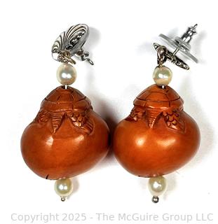 Japanese Carved Boxwood Turtle with Hatching Eggs Bead Dangle Earrings with Pearls, Signed by Artist. 