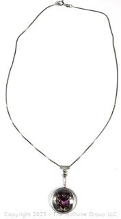 Modernist Sterling Silver Disc Pendant with Amethyst Center on Chain Necklace, Made in Mexico