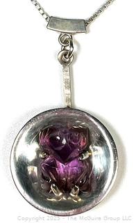 Modernist Sterling Silver Disc Pendant with Amethyst Center on Chain Necklace, Made in Mexico