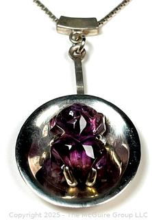 Modernist Sterling Silver Disc Pendant with Amethyst Center on Chain Necklace, Made in Mexico