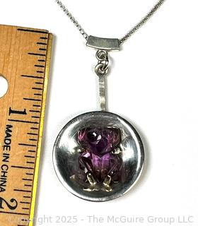 Modernist Sterling Silver Disc Pendant with Amethyst Center on Chain Necklace, Made in Mexico