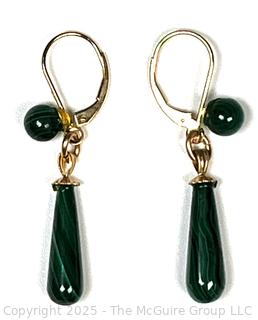 Polished Malachite Drop Earrings with 14KT Yellow Gold Findings.