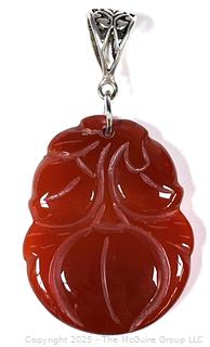 Chinese Carved Three Peaches Carnelian Pendant with Sterling Silver Bale. 
