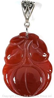 Chinese Carved Three Peaches Carnelian Pendant with Sterling Silver Bale. 