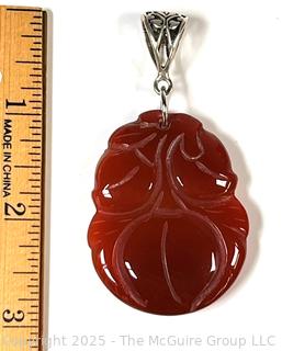 Chinese Carved Three Peaches Carnelian Pendant with Sterling Silver Bale. 