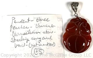 Chinese Carved Three Peaches Carnelian Pendant with Sterling Silver Bale. 
