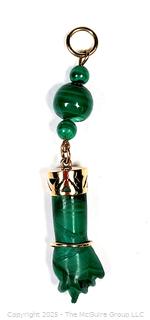 Malachite Figa, Brazilian Good Luck Charm, Pendant with 14KT Yellow Gold Findings.  