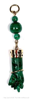 Malachite Figa, Brazilian Good Luck Charm, Pendant with 14KT Yellow Gold Findings.  