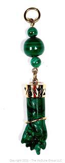 Malachite Figa, Brazilian Good Luck Charm, Pendant with 14KT Yellow Gold Findings.  