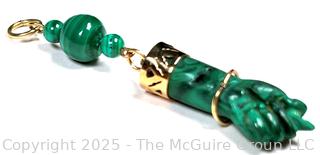 Malachite Figa, Brazilian Good Luck Charm, Pendant with 14KT Yellow Gold Findings.  