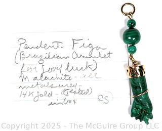 Malachite Figa, Brazilian Good Luck Charm, Pendant with 14KT Yellow Gold Findings.  