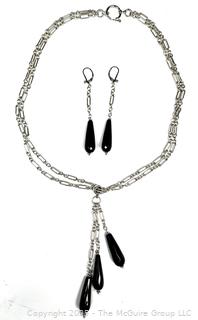 Sterling Silver Double Chain with Triple Onyx Drop Pendants with Mathching Earrings