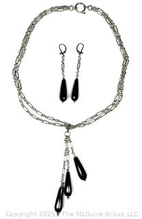 Sterling Silver Double Chain with Triple Onyx Drop Pendants with Mathching Earrings