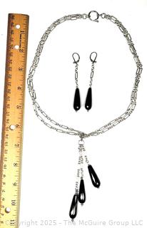 Sterling Silver Double Chain with Triple Onyx Drop Pendants with Mathching Earrings