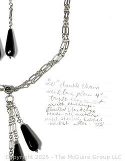 Sterling Silver Double Chain with Triple Onyx Drop Pendants with Mathching Earrings