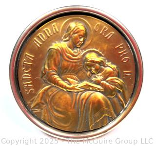 Pre-WWII German Brass St Anne Prayer Medallion on Easel Stand.  