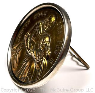 Pre-WWII German Brass St Anne Prayer Medallion on Easel Stand.  
