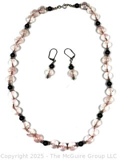 Rose Quartz and Onyx Bead Necklace with Matching Earrings and Sterling Silver Findings. 