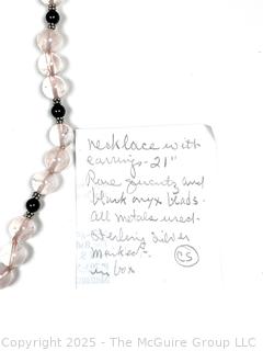 Rose Quartz and Onyx Bead Necklace with Matching Earrings and Sterling Silver Findings. 