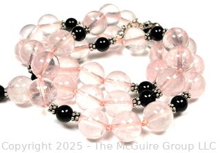 Rose Quartz and Onyx Bead Necklace with Matching Earrings and Sterling Silver Findings. 