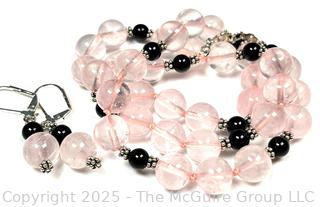 Rose Quartz and Onyx Bead Necklace with Matching Earrings and Sterling Silver Findings. 