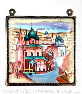 Russian Hand Painted Enamel Pendant in Sterling Silver Surround