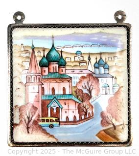 Russian Hand Painted Enamel Pendant in Sterling Silver Surround