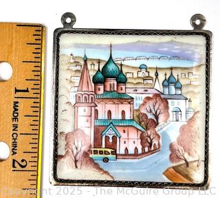 Russian Hand Painted Enamel Pendant in Sterling Silver Surround